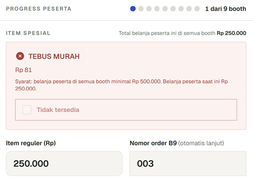 Item spesial yang tidak bisa dicentang beserta alasannya, kolom nominal, dan angka TOTAL